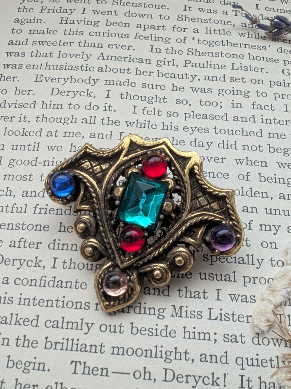 Vintage Multicolor Gem Statement Brooch - Gold Tone